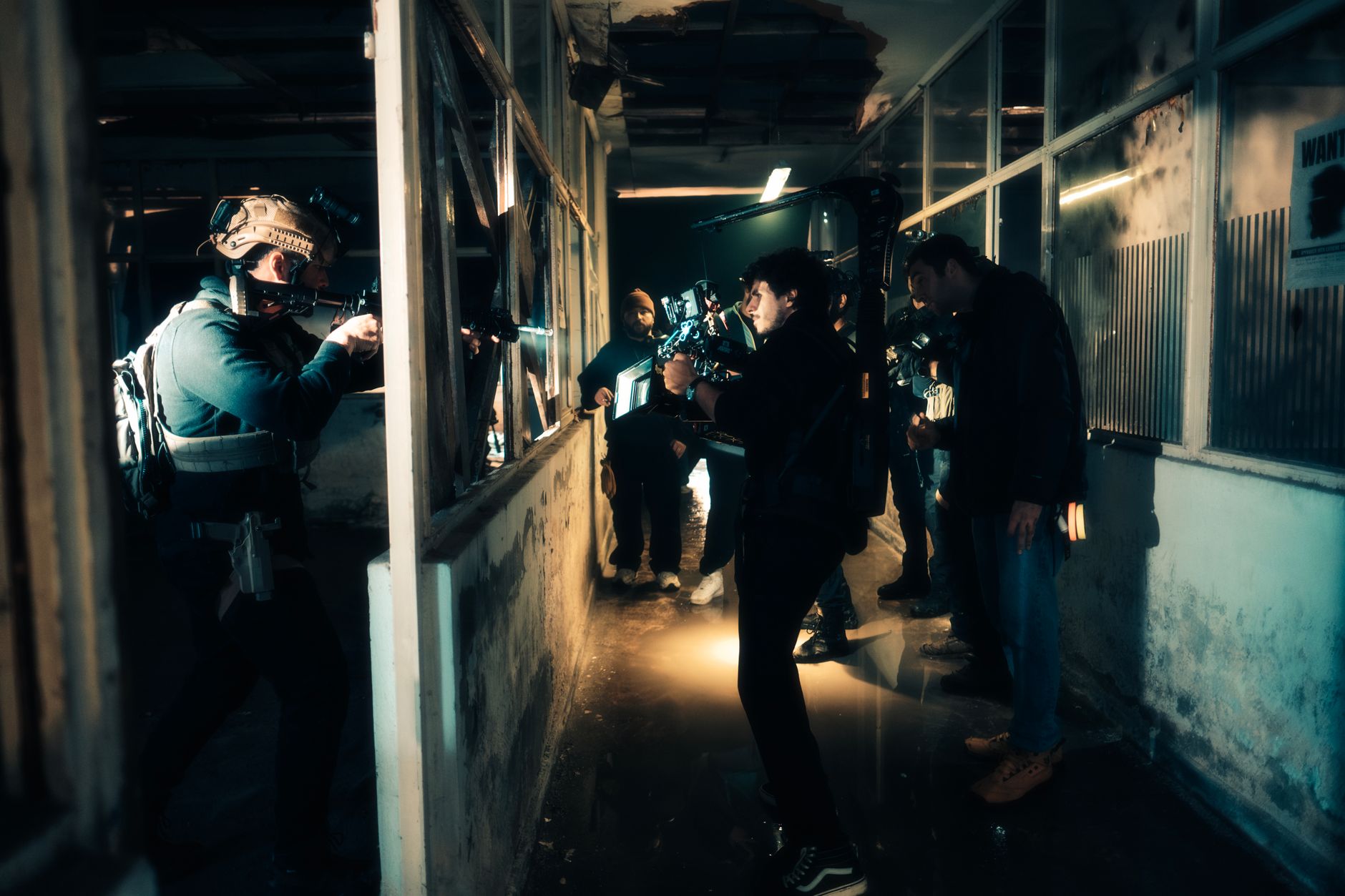 Behind the scenes film crew setting camera dynamic angle