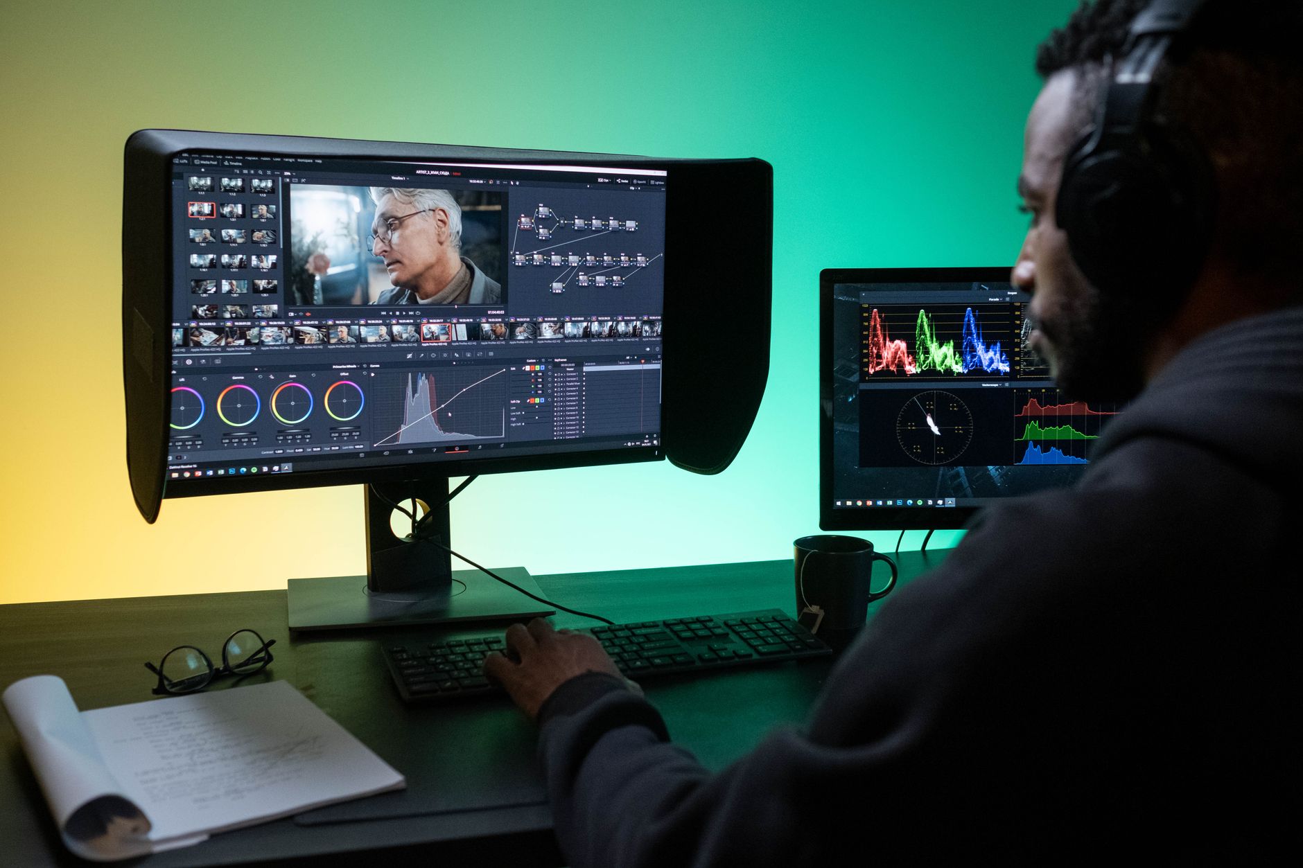 Editing program displaying correction color wheels on studio display
